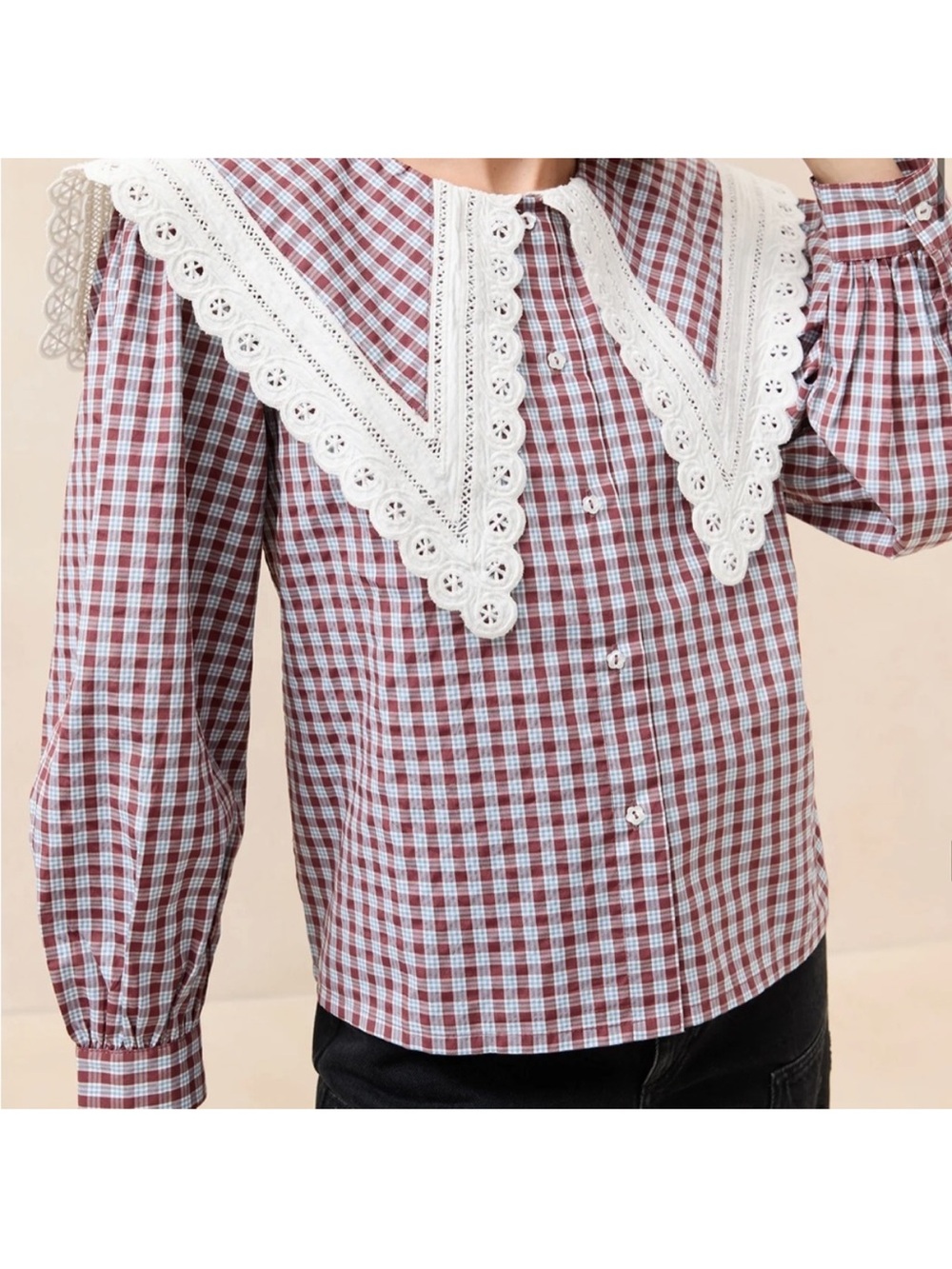 Loeffler Randall Red and White Gingham Lace-Trim Button Front Blouse